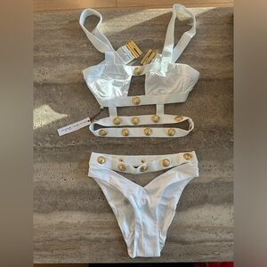 Monica Hansen Beachwear Cutout White Gold Bikini Top & Bottom New with Tags NWT
